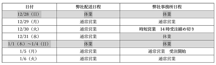 年末年始お知らせ表